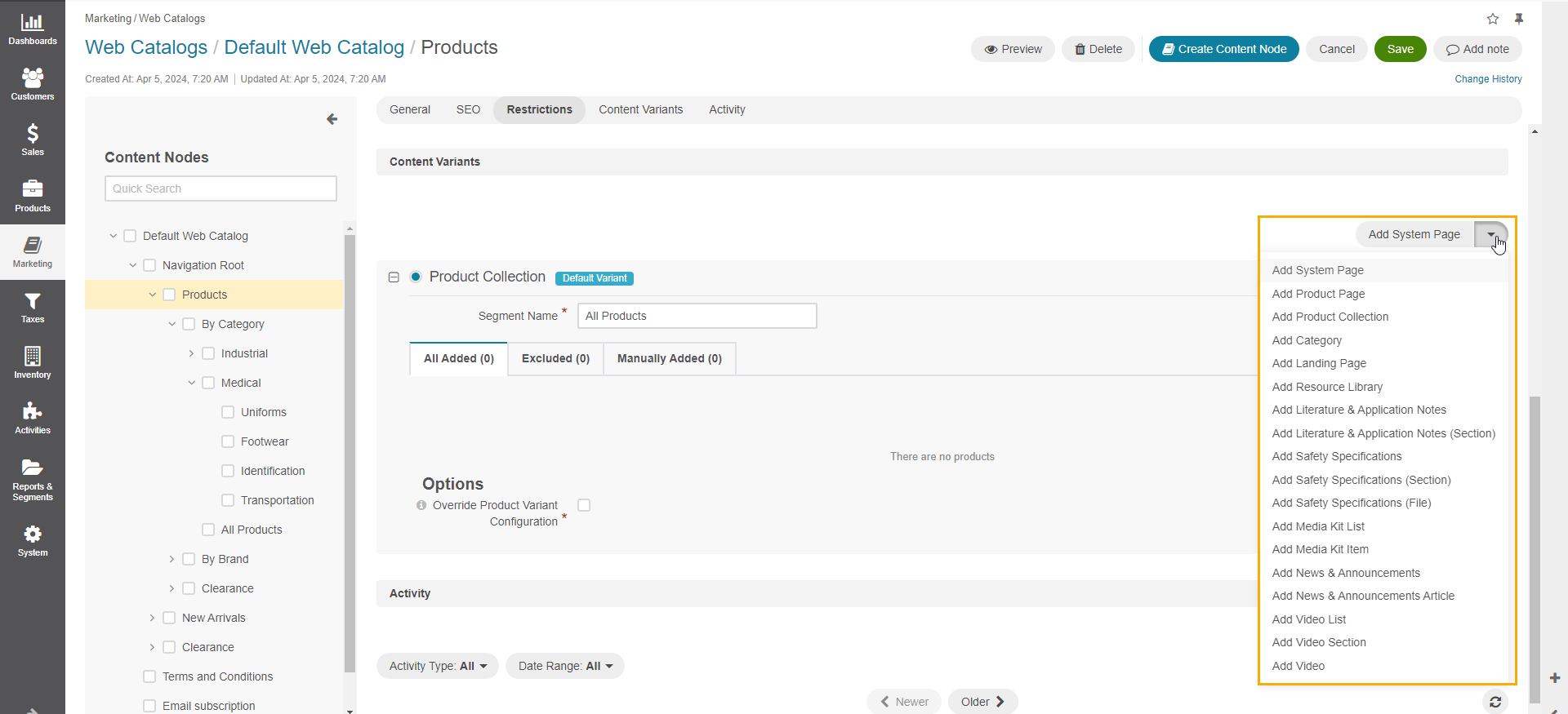 Specify the restrictions for the default content node