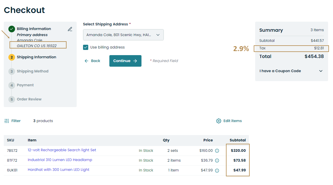 The Galeton customer's order summary with original product prices and taxes applied separately