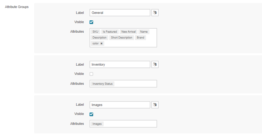 The attribute groups available in orocommerce