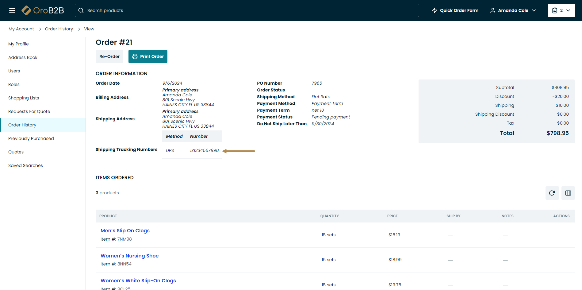 Display the shipping tracking number in the Order History section of the customer account menu in the storefront