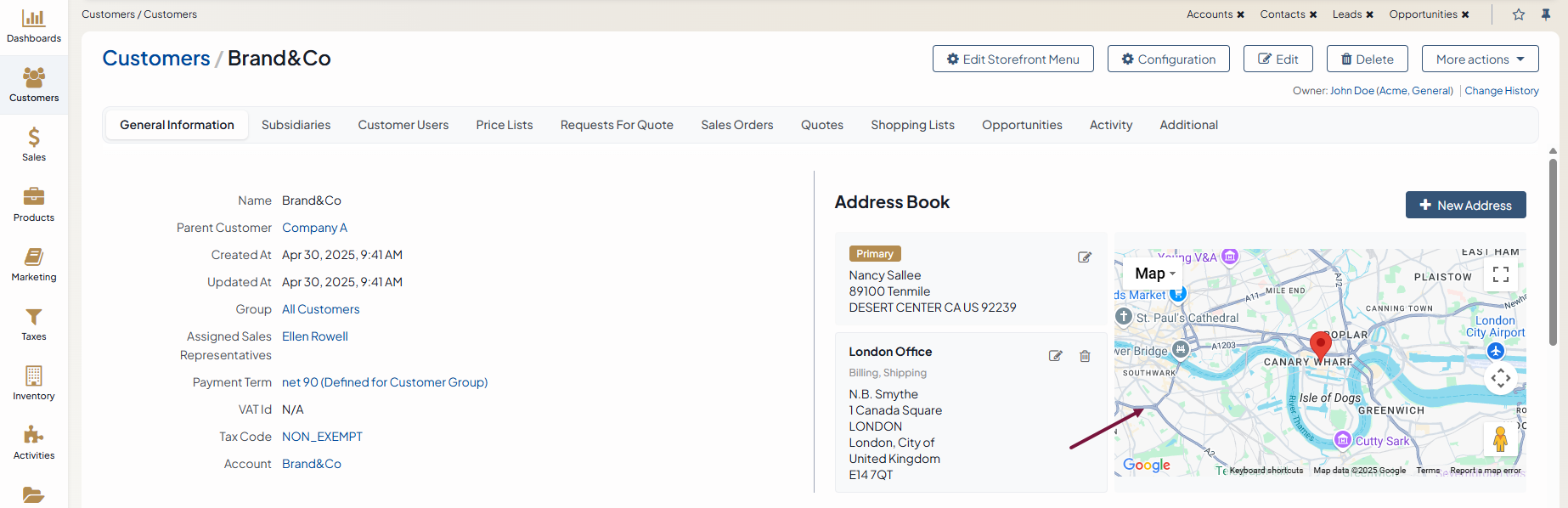 Click an address to trigger the map that corresponds to the selected address