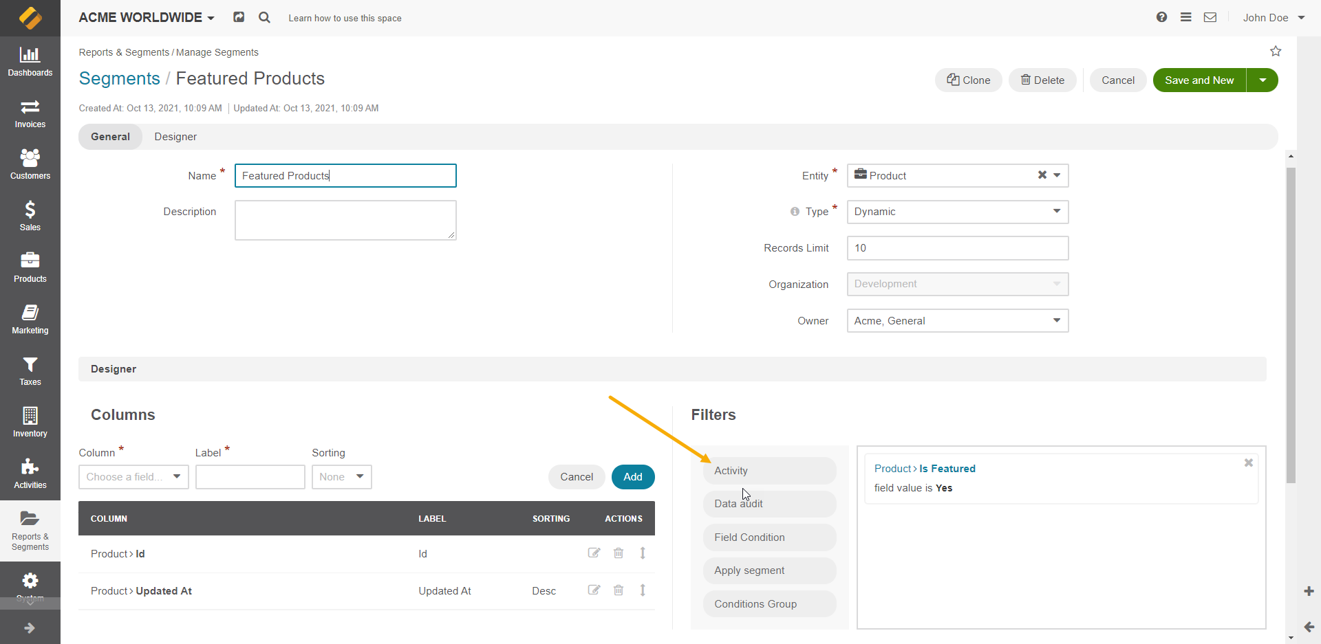 Activity widget in segment's filters