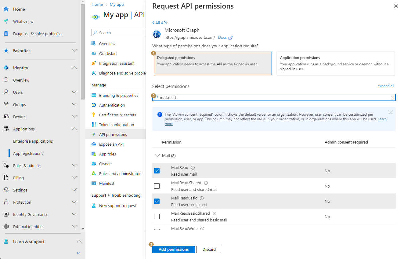 Filling the required information to request API permissions for Microsoft Graph