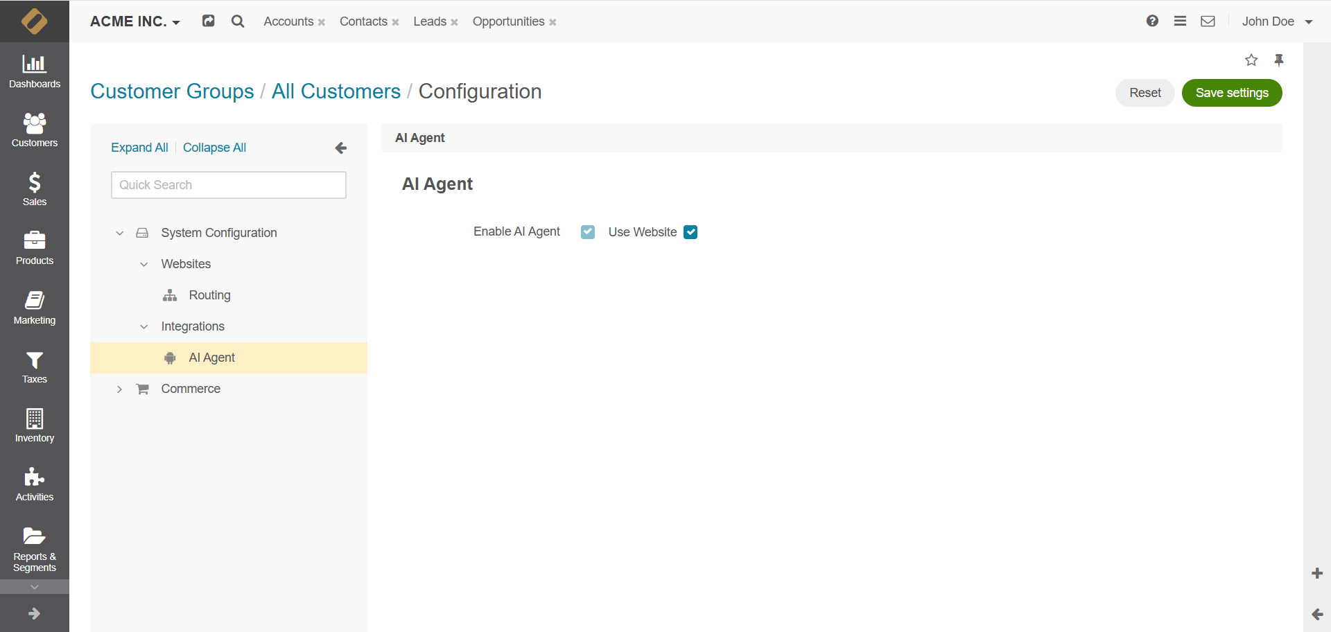 Customer group routing configuration settings