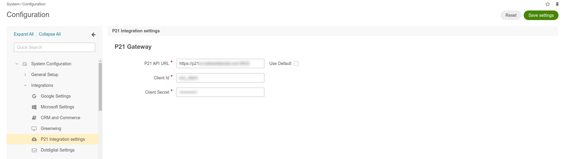 Back-office configuration option to enable sync with P21