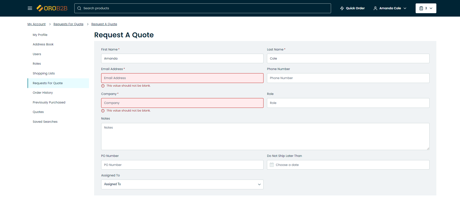 Fields a visually highlighted with an error message underneath