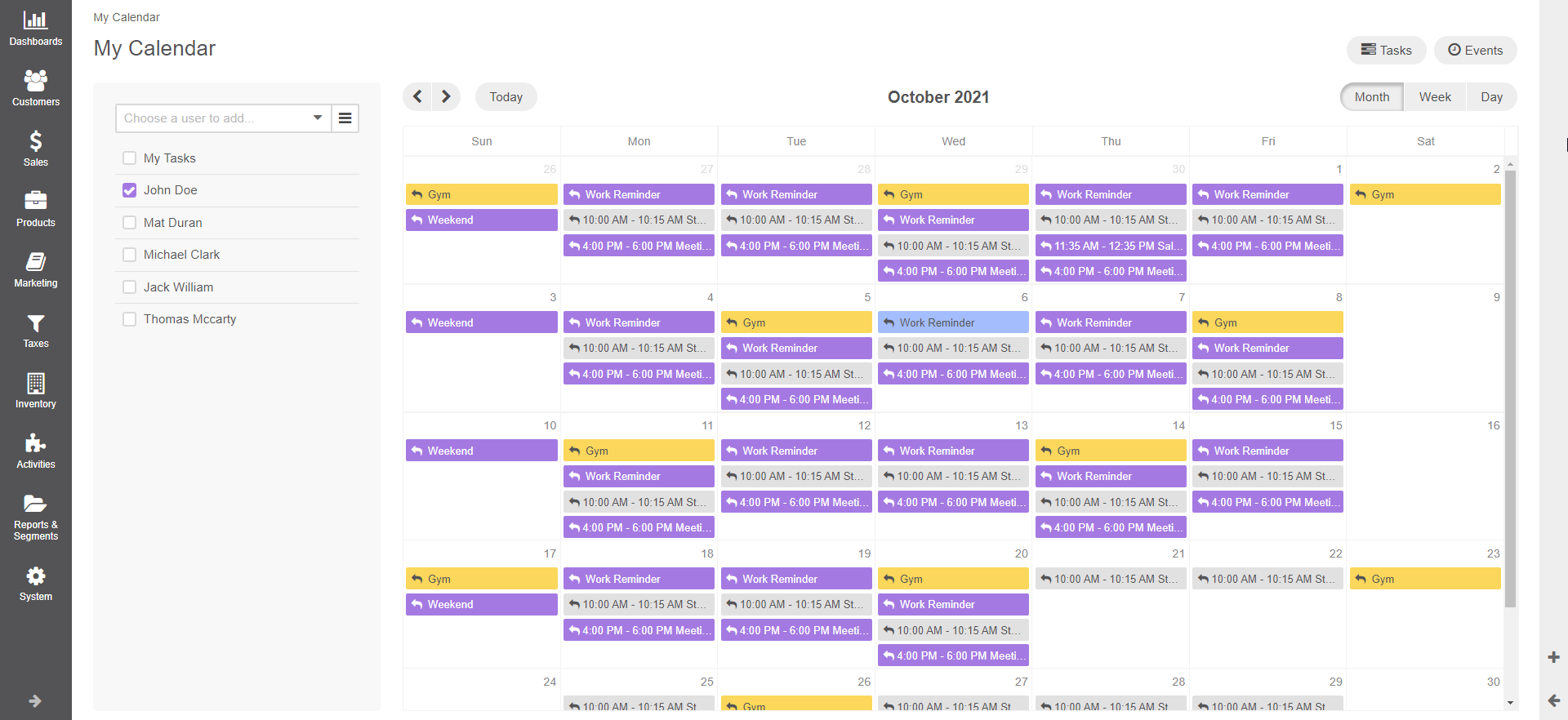 Calendar in the back-office