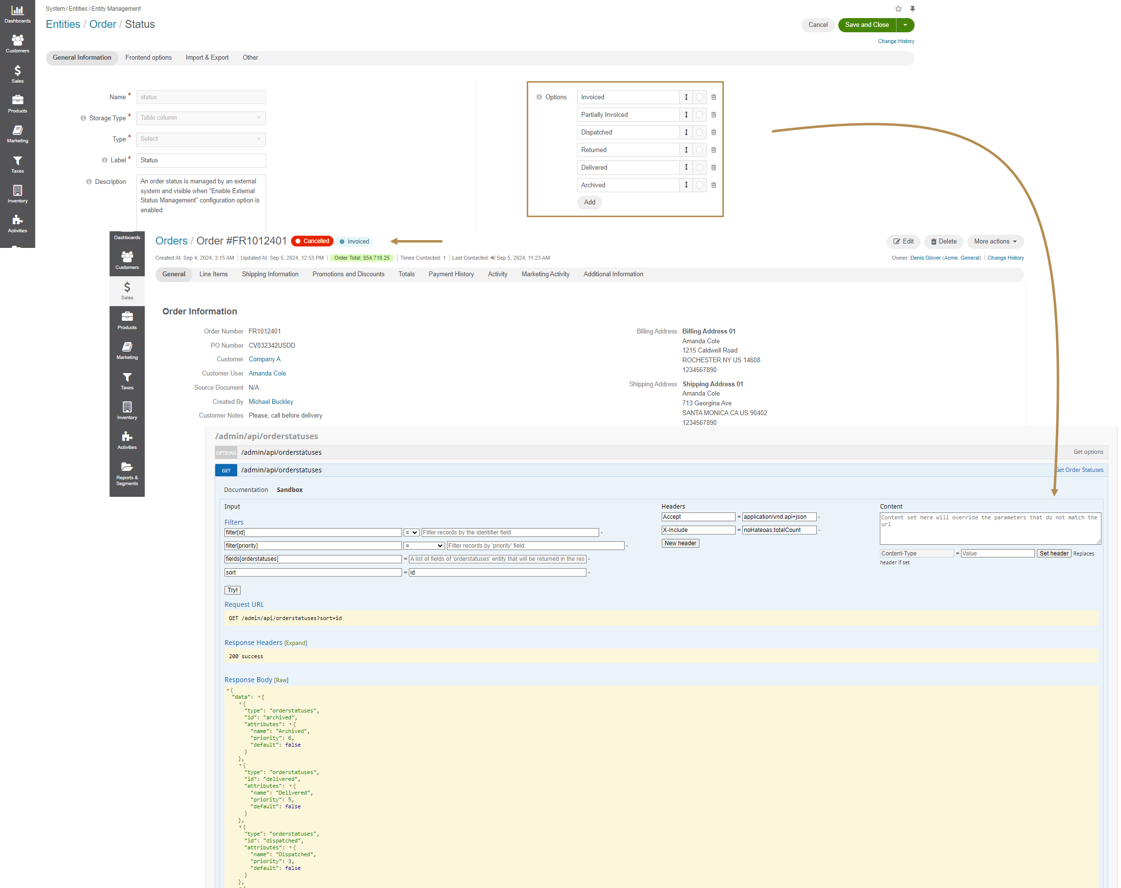 Illustration of external order status on the order view page and on the order status entity field page with sample options.