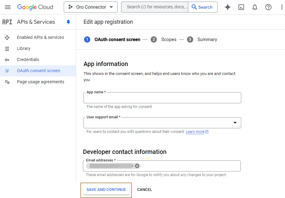 Filling in the required fields for oauth consent screen in a Google Cloud Console