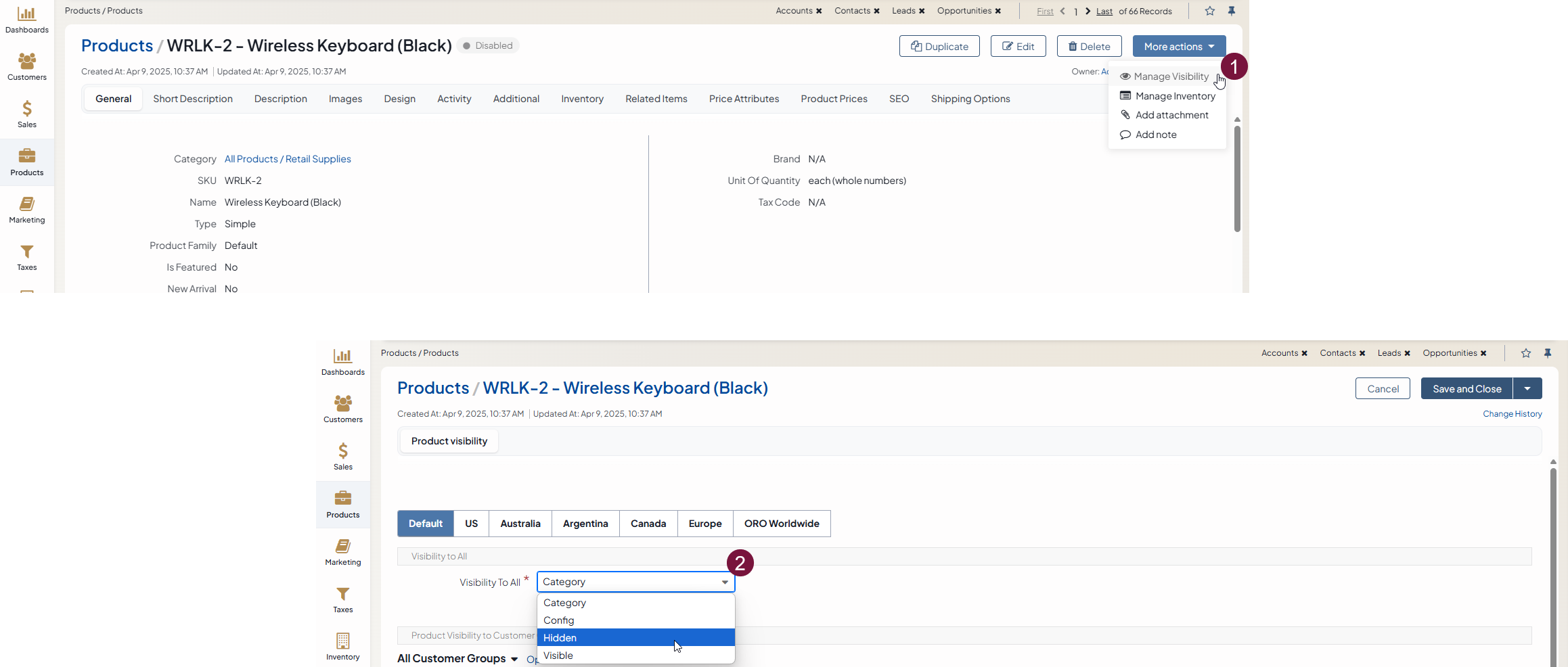 Changing the visibility of a product from the product kit to 'hidden'