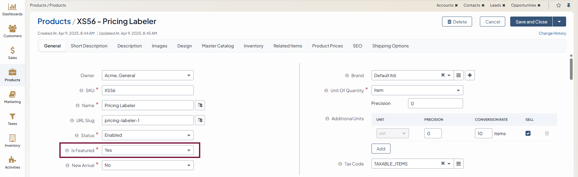Toggling the Is Featured setting to Yes.