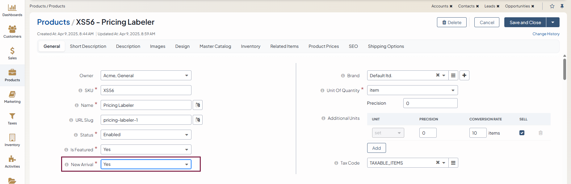 Toggling the New Arrival setting to Yes.