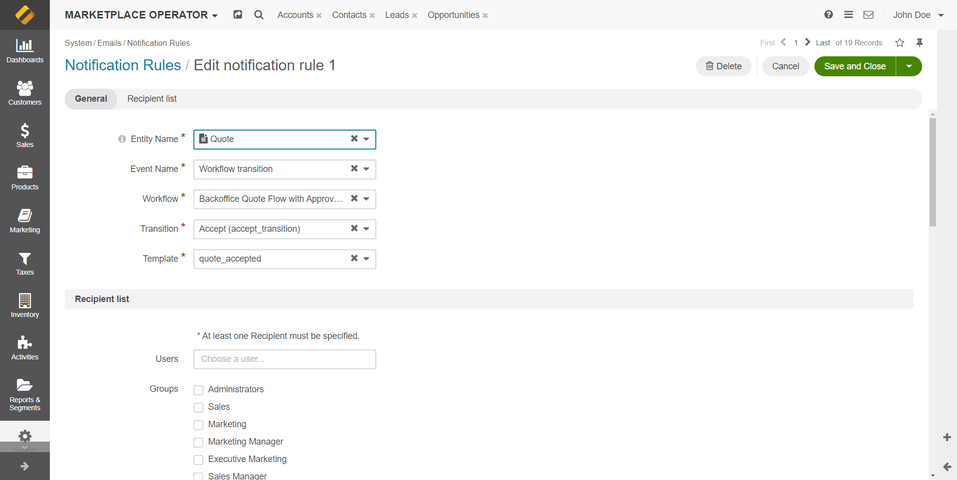 Notification rule edit page