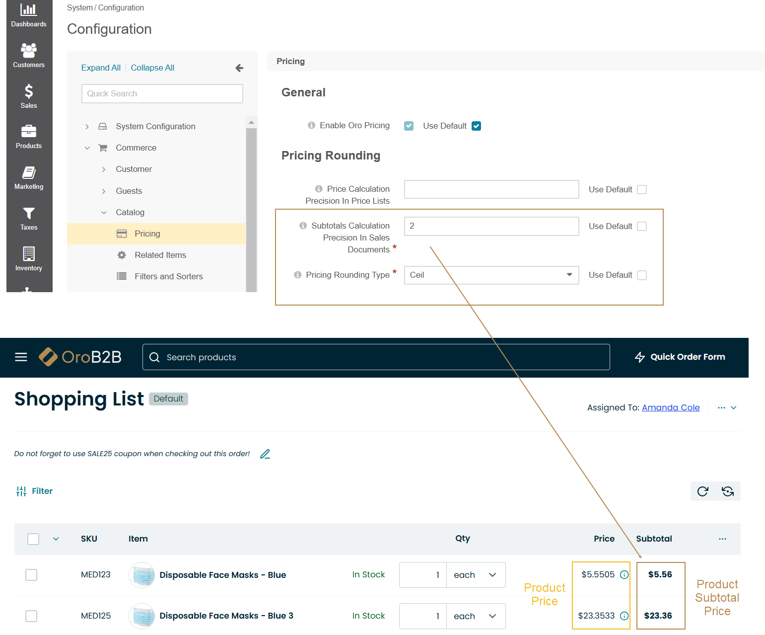 Illustration of a price precision in sales documents in the storefront