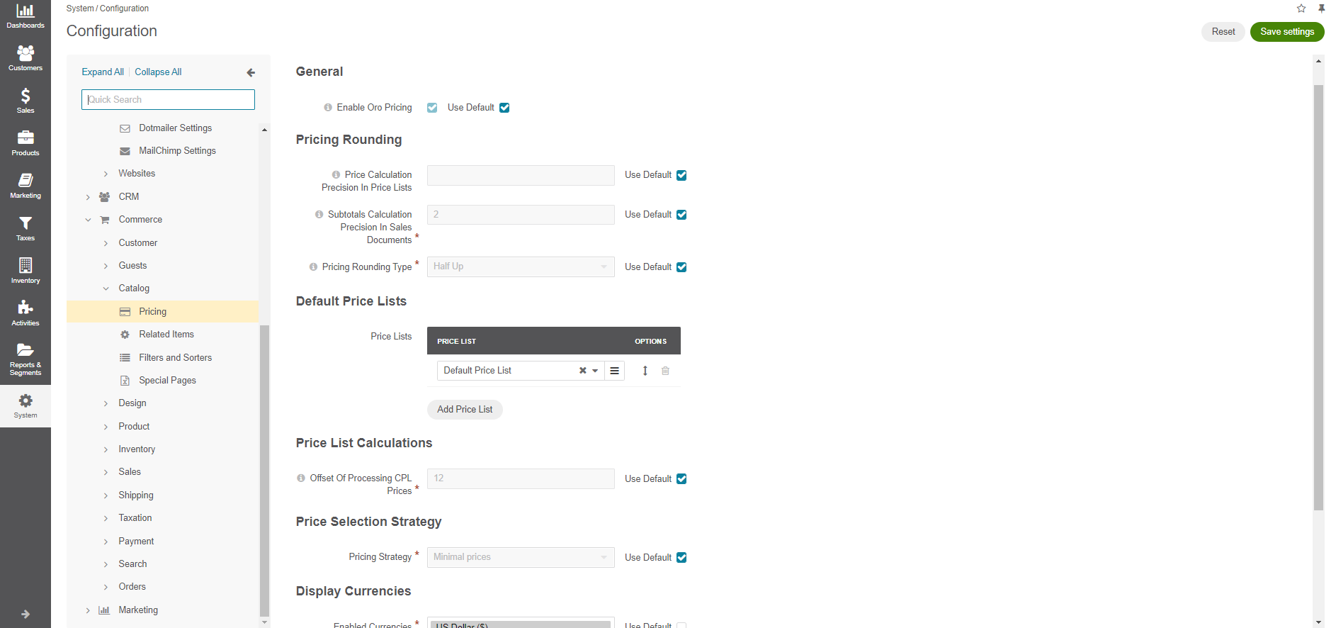 Pricing system configuration page