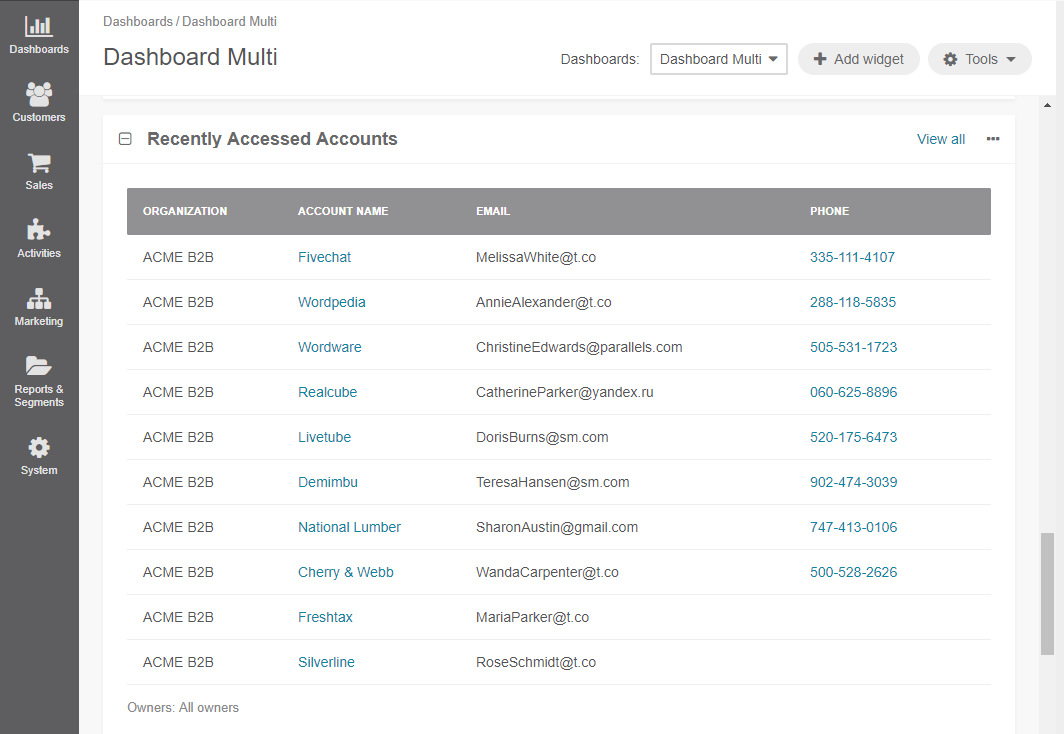 A sample of the Recently Accessed Accounts widget