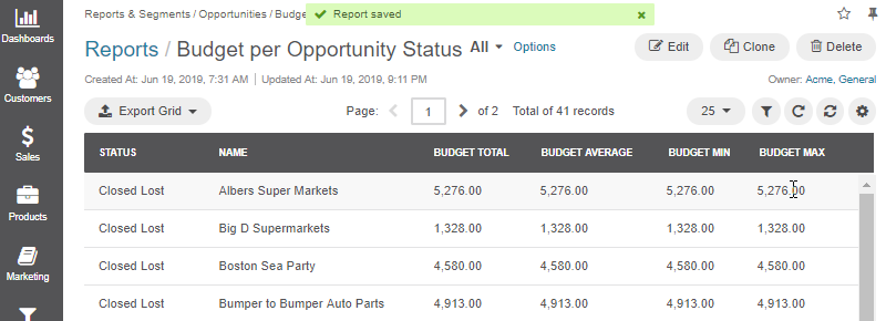 Preview of the report outcome grouped by opportunity status and customer name