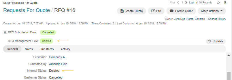 Display the RFQ with the internal status Deleted in the back-office