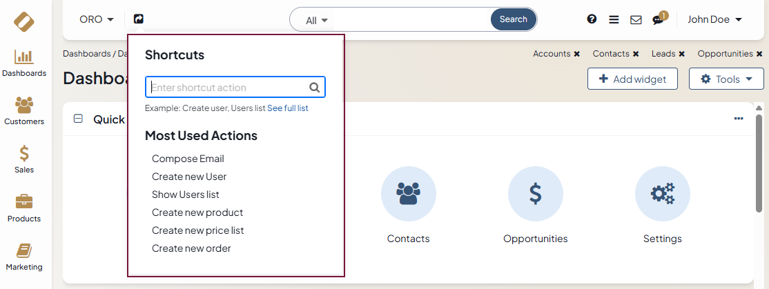 The shortcuts icon in the navigation panel