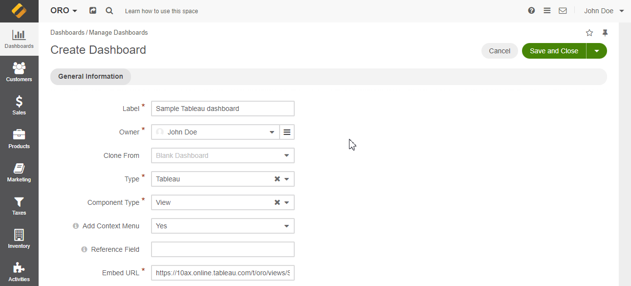 Creating a dashboard of type Tableau in the Oro back-office